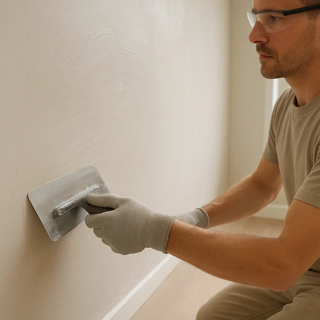 Fachkraft trägt Innenputz an einer Wand auf